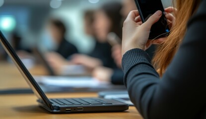 Poster - A young businessman's crew works on an innovative startup project. A generic design notebook covers a wooden table. The hands are analyzing the plans and the keyboard is on the keyboard. The