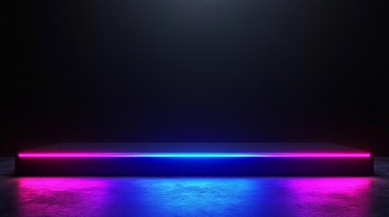 Poster - An abstract fustic background, a triangle stage with smoke and purple neon lights, a UV concept, and a 3D render.