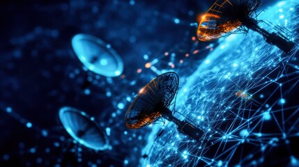 Wall Mural - Global map with satellite dishes positioned across continents, illustrating advanced broadcasting technology, digital communication pathways highlighted