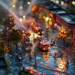 Wall Mural - Fire trucks and firefighters extinguishing a fire in the city. AI generated image