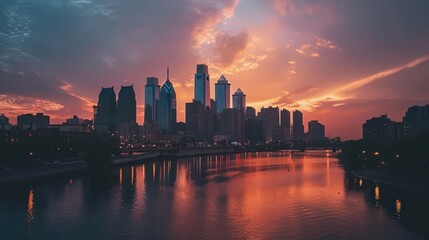 Sticker - Present the Philadelphia skyline during a sunset, with hues of orange and pink casting a warm glow over the city