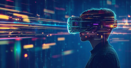 Poster - An image with a glitch effect shows a man with a virtual reality headset playing a game.