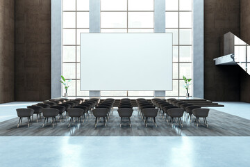 Wall Mural - Modern auditorium with windows and city view, mock up place. Education and lecture concept. 3D Rendering.