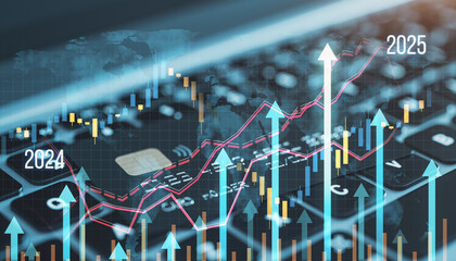 Canvas Print - Close up of laptop keyboard with bank card and growing business chart grid hologram and map on blurry background. Financial growth and fintech concept. Double exposure.