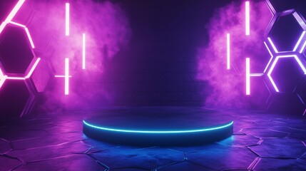 Poster - 3D rendering of hexagonal stage with smoke and purple neon lights, abstract futuristic background, ultraviolet concept, 3D rendering