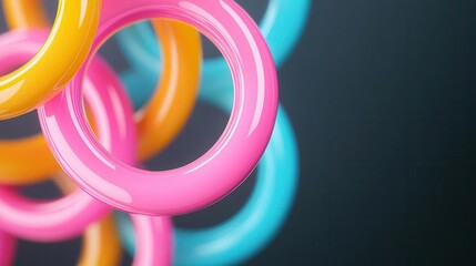 Poster - Floating neon rings with reflections, 3d render illustration, isolated on black background, modern art and design collection