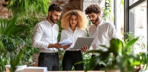 Poster - A business team works on a new startup project. A meeting of managers takes place. Business plans are analyzed on a laptop. The background is blurred, with a film effect.