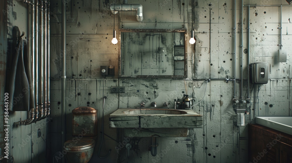 The Industrial Bathroom Features Exposed Pipes Concrete Walls And Photo Inspiration