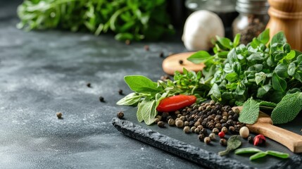 A close-up of fresh herbs and spices on a kitchen countertop for healthy cooking