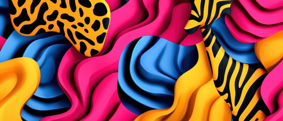 Poster - Vibrant geometric safari design combining abstract animal prints like giraffe spots and zebra stripes, modern and bold visual style