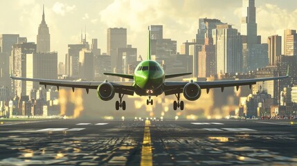 Poster - Green Airplane Landing on Runway in City Skyline