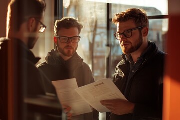 Poster - Using young professionals as part of a startup project. Meeting between project managers. Analyzing plans, papers. Blurred background, film effect.