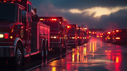 Wall Mural - Fire trucks lined up in preparation for a mission. AI generated image