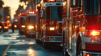 Wall Mural - Fire trucks lined up in preparation for a mission. AI generated image