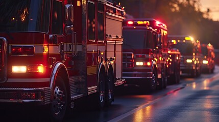 Fire trucks lined up in preparation for a mission. AI generated image