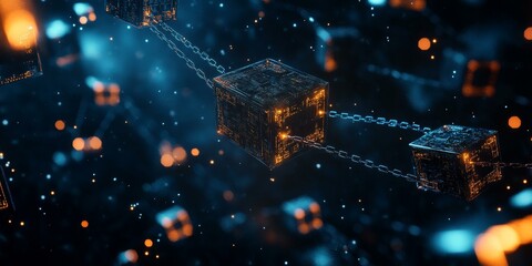 Wall Mural - Glowing cube connected to chains in space.