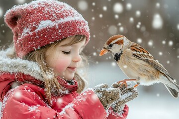 Sticker - Little Girl in Red Jacket and Hat  with Snow on Her and a Sparrow in Winter