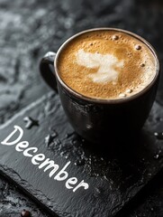 Latte cup with 'December' written on a slate surface.