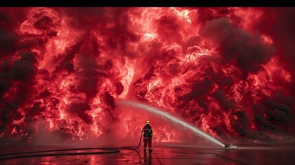 Wall Mural - Firefighters battling intense flames with hoses. AI generated image