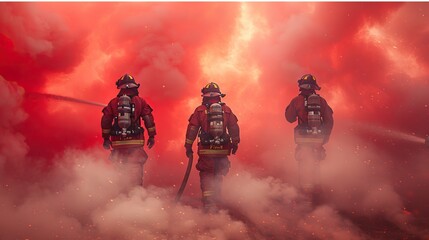 Wall Mural - Firefighters battling intense flames with hoses. AI generated image