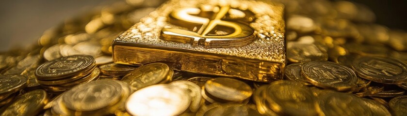 Wall Mural - Golden coins and a bar with a dollar symbol depicting wealth and investment opportunities in finance and commerce.