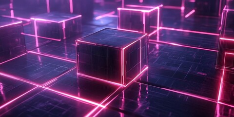 Canvas Print - Pink neon light outlines black cubes.