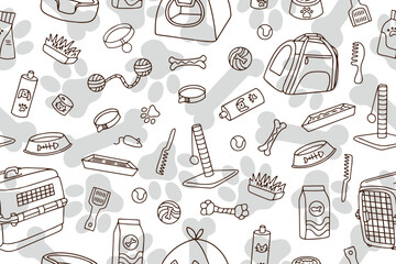 Seamless pattern of hand drawn pet shop assortment in doodle style. Vector illustration