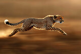 A blur of speed and grace: A cheetah sprints across the savanna, its powerful muscles propelling it forward, leaving a trail of dust in its wake.
