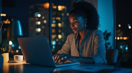 Poster - Young woman working late at night in a modern city apartment with city lights visible through the window