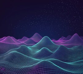 Poster - abstract retro futuristic landscape with distorting neon light grid pattern. retrowave, synthwave, v