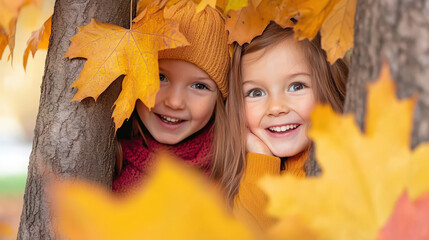 Two joyful girls peek through vibrant autumn leaves, capturing the essence of fall and friendship in a colorful outdoor setting.