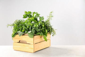 Wall Mural - Different fresh herbs in wooden basket on white table. Space for text