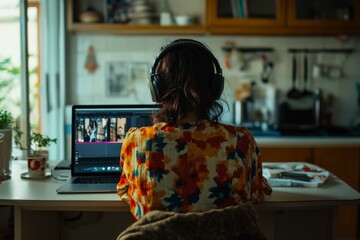 Poster - A video editor working at his home kitchen in the evenings while listening to music on headphones. A content creator working at home using modern video editing software to create a montage of films.