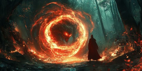 Poster - A figure in a cloak stands before a fiery portal