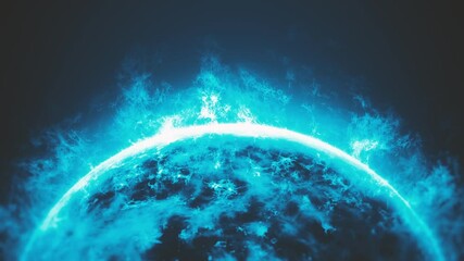 Poster - Plasma Sun Background With Burning Flames/
Animation of a blue plasma sphere with sun spinning and powerful burning flames