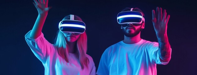 Wall Mural - A future game and entertainment system utilizing digital technology. Teenagers playing virtual reality glasses while playing a sport game utilizing 3D cyberspace metaverse digital worlds.