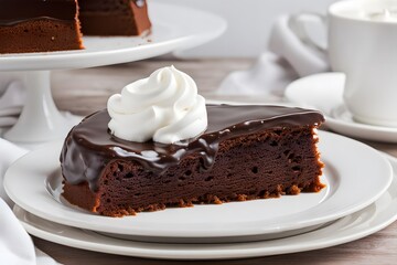 Wall Mural - Austrian sachertorte with a rich chocolate glaze served with a dollop of whipped cream on a white plate, Ai Generated