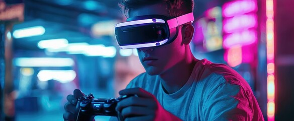 Wall Mural - Young Man Immersed in Virtual Reality Gaming with Neon Lights