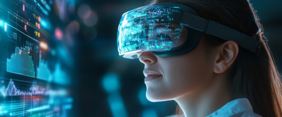 Poster - Future lifestyle in metaverse digital cyber world, man in virtual reality VR goggles playing augmented reality entertainment game, featuring business meeting.