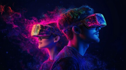 Poster - VR virtual reality game playing, man and woman wearing VR goggles playing metaverse virtual digital technology game
