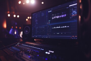 Poster - Video editor editing video montage on computer, working on editing software. Color grading creative multimedia film footage with app.