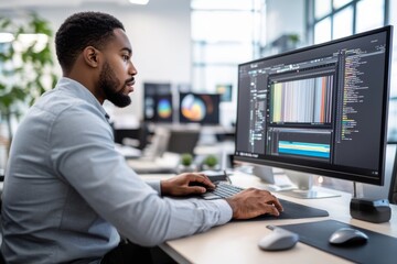 Poster - Using professional digital apps for video montage, graphic artist edits film footage with special effects and color grading.