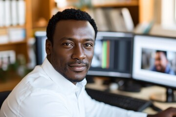 Poster - A film-maker from the African Diaspora uses video editing software to create post-production video. Color grading and visual or audio effects are used to edit montage projects at home.