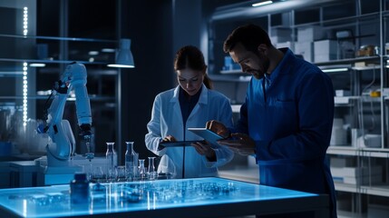 Poster - Using a tablet computer, the chief engineer shows an Augmented Reality model of an electric generator to a female project manager in a factory office facility. A modern Industry 4.0 research and