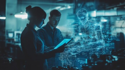 Poster - Industry 4.0 Research and Development Center Concept: Chief Engineer displays augmented reality model of an electric generator to a female project manager.