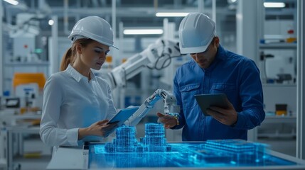 Poster - In a factory office facility, a chief engineer shows augmented reality that depicts a wind generator to a female project manager. This is a high tech industry 4.0 research and development facility.