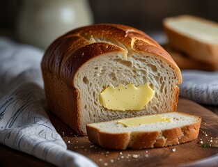 A slice of freshly baked bread with butter