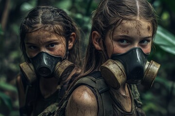 An illustration of a boy and girl wearing gas masks to depict global warming, pollution, and war based on the technology used by Stock