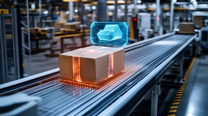 Poster - parcel on a conveyor belt in a warehouse logistics environment:a photograph depicting the process of