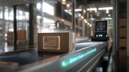 Poster - automated parcel or package transport on conveyor belt system in modern logistics warehouse or distr